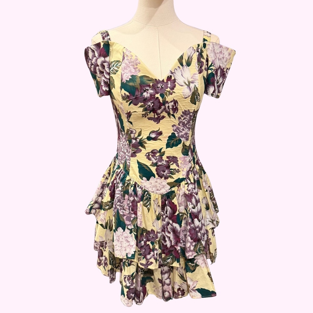 Late 80s Vintage All That Jazz 100% Cotton Floral Corseted Tiered Mini Dress.